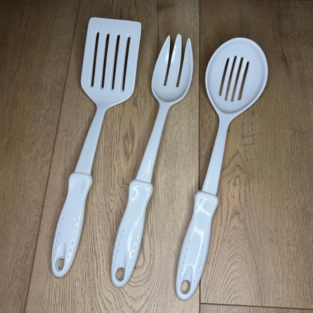 Vtg White Melamine Kitchen Utensil Set Slotted Spoon Spatula Serving Fork 3pc